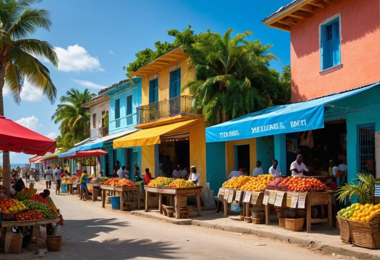 A vibrant street scene in Haiti showcasing colorful traditional architecture, lively market vendors selling tropical fruits, and locals engaging in cultural activities like dance and music. The backdrop should include lush greenery and the blue Caribbean sea, symbolizing travel and exploration. Infuse elements of current events, like a small newsstand with local newspapers. lively colors. super-realistic.