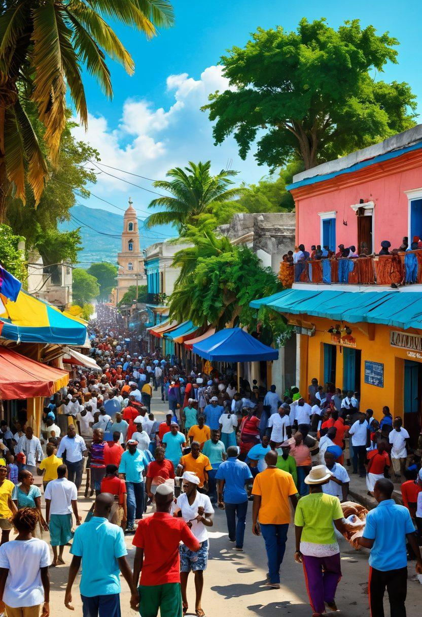 A lively street scene in Haiti showcasing vibrant community events, with people of diverse backgrounds engaging in cultural celebrations and news sharing activities. Include festive decorations, traditional costumes, and crowds eagerly reading newspapers or looking at digital screens displaying the latest news. The background features colorful Caribbean architecture and lush greenery, conveying a sense of community spirit. super-realistic. vibrant colors. 3D.